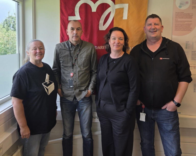 Line Therese Roald Johnsen (leder, Fagforbundet Malvik), Morten Sjaastad (Leder yrkesseksjon kontor og administrasjon, Fagforbundet Malvik), Hege Bae Nyholt (Stortingsrepresentant for Sør-Trøndelag, Rødt), Jon Magne Grønbech (Leder yrkesseksjon kirke, kultur og oppvekst, Fagforbundet Malvik). Foto: Privat