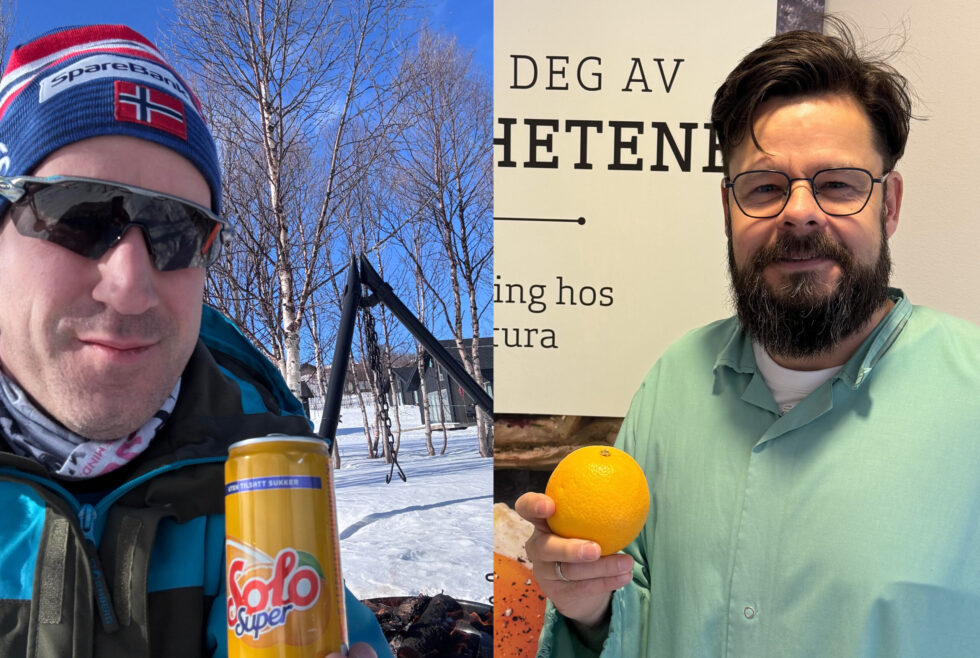 Jens Morten Nilsen (t.v.) og Anders Greiff med påskeappelsini både fast og flytende form. Foto: Privat