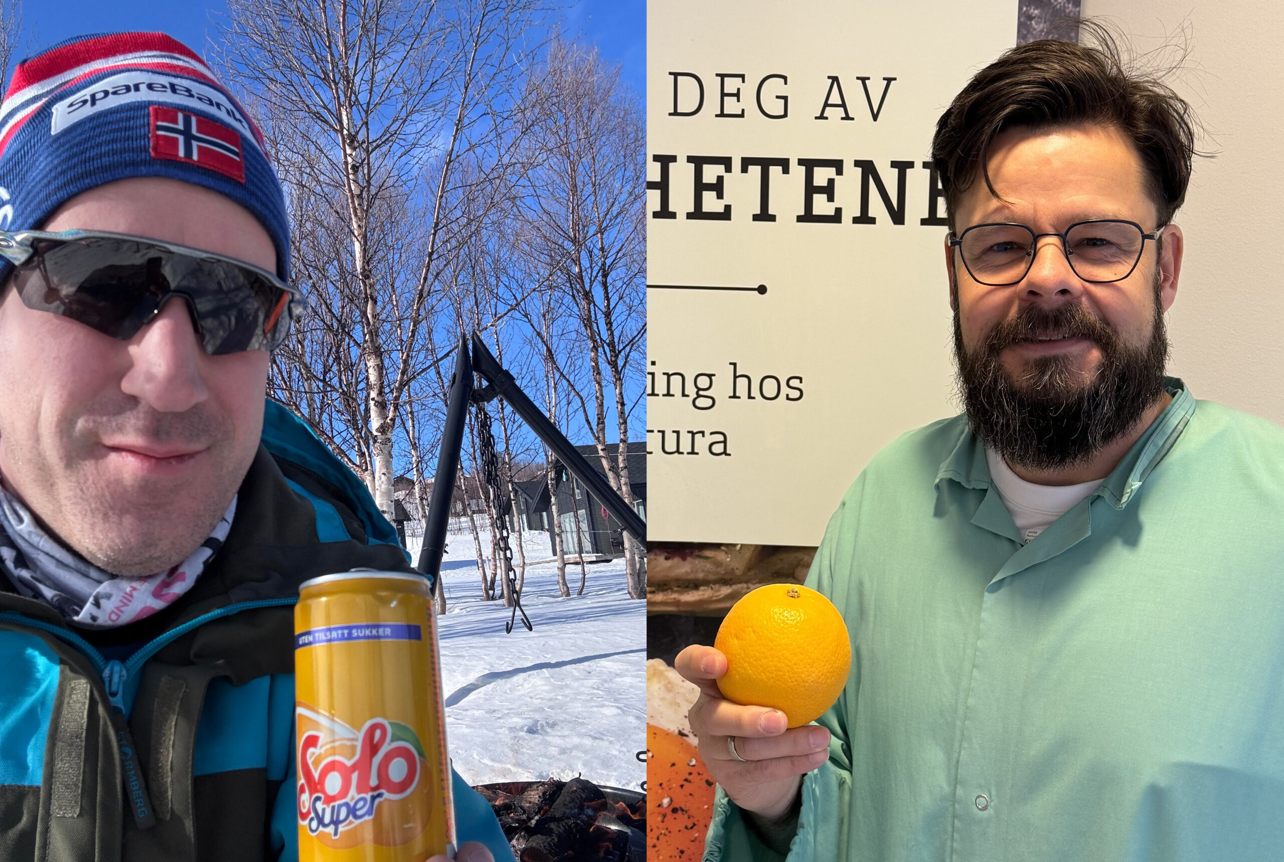 Jens Morten Nilsen (t.v.) og Anders Greiff med påskeappelsini både fast og flytende form. Foto: Privat